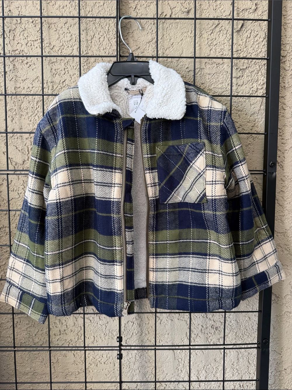 New Gap Kids Plaid Sherpa-Lined Jacket - Navy, Olive & Cream